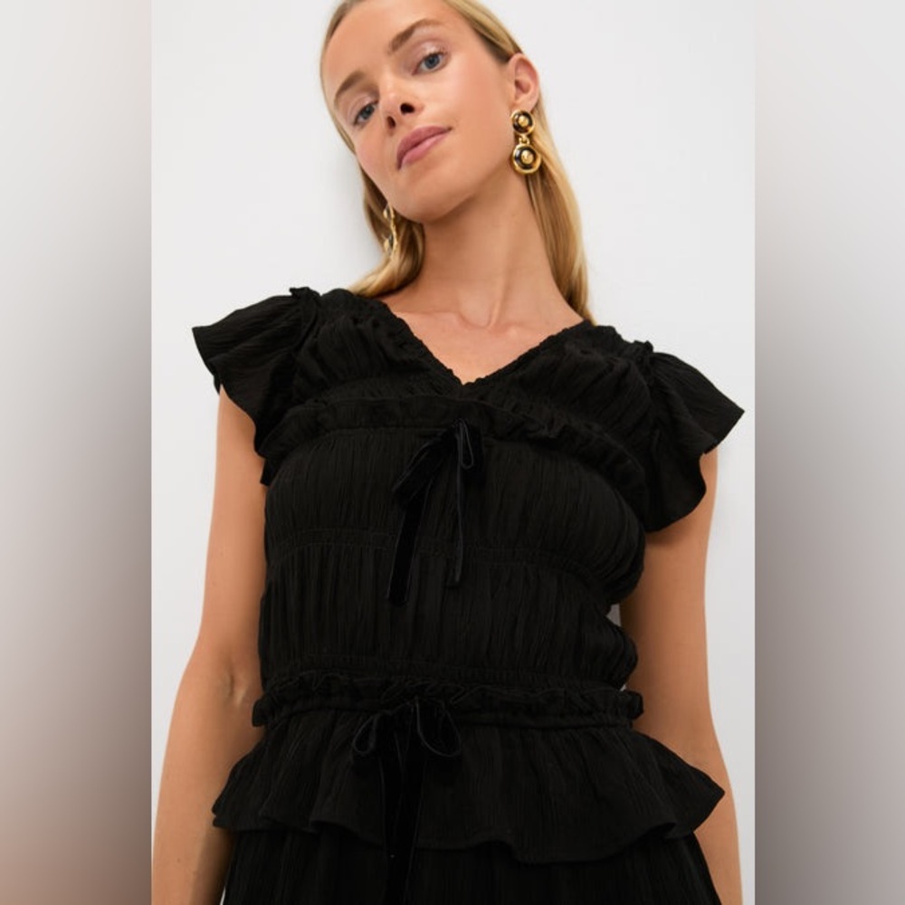 Tuckernuck Moon River Black Flutter Sleeve Smocked Bodice Midi Dress Ruffle Trim - Picture 5 of 11
